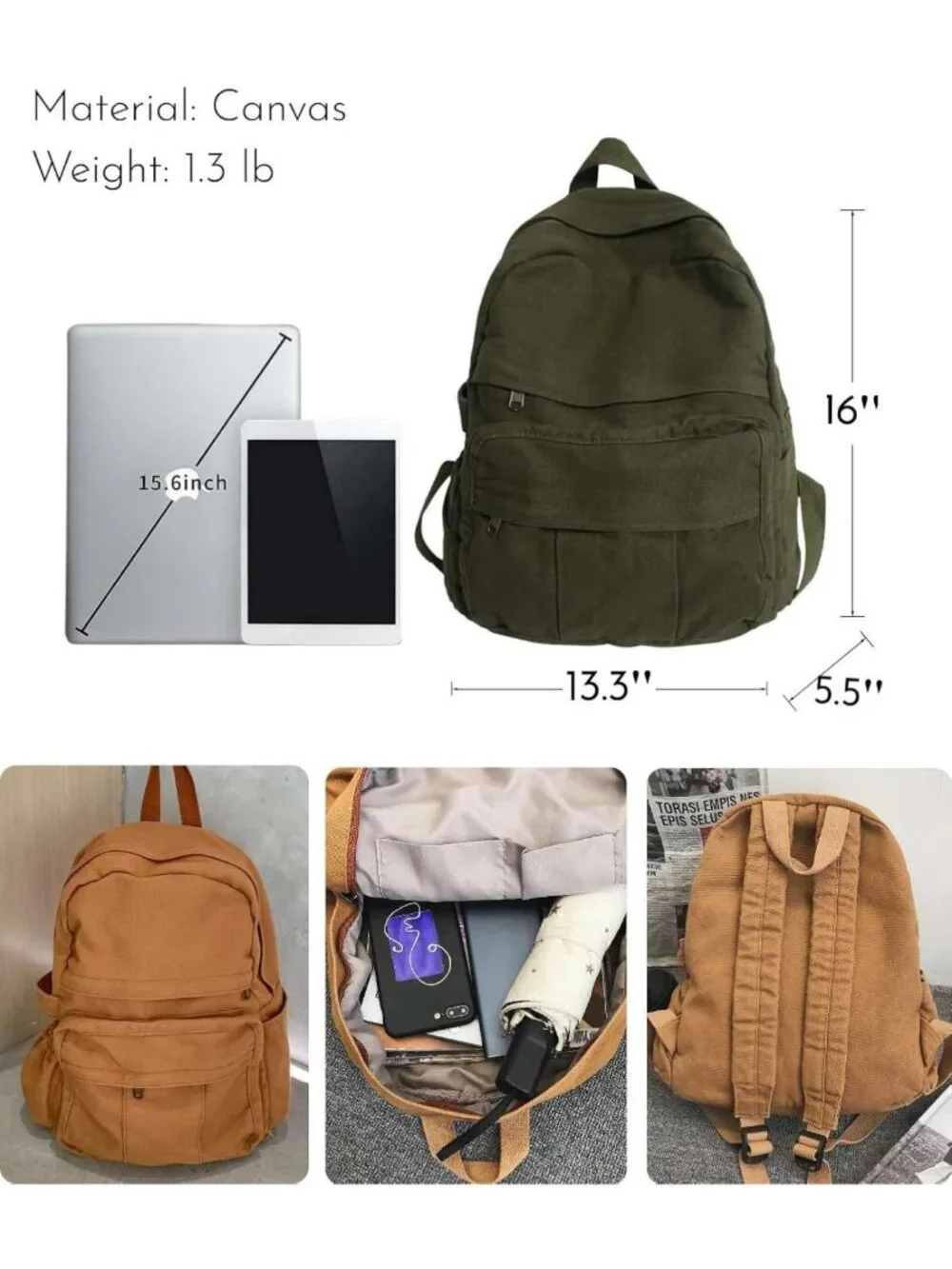 Retro Military Green Canvas Backpack - Unisex Rucksack for School, Travel